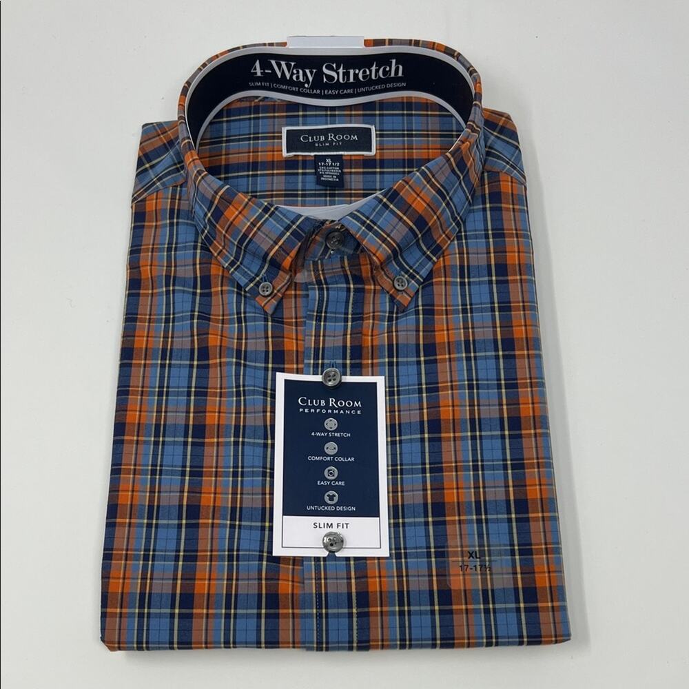 Club Room Men's Slim Fit LS Button Down Untucked Design - Blue/Orange - XL - NWT